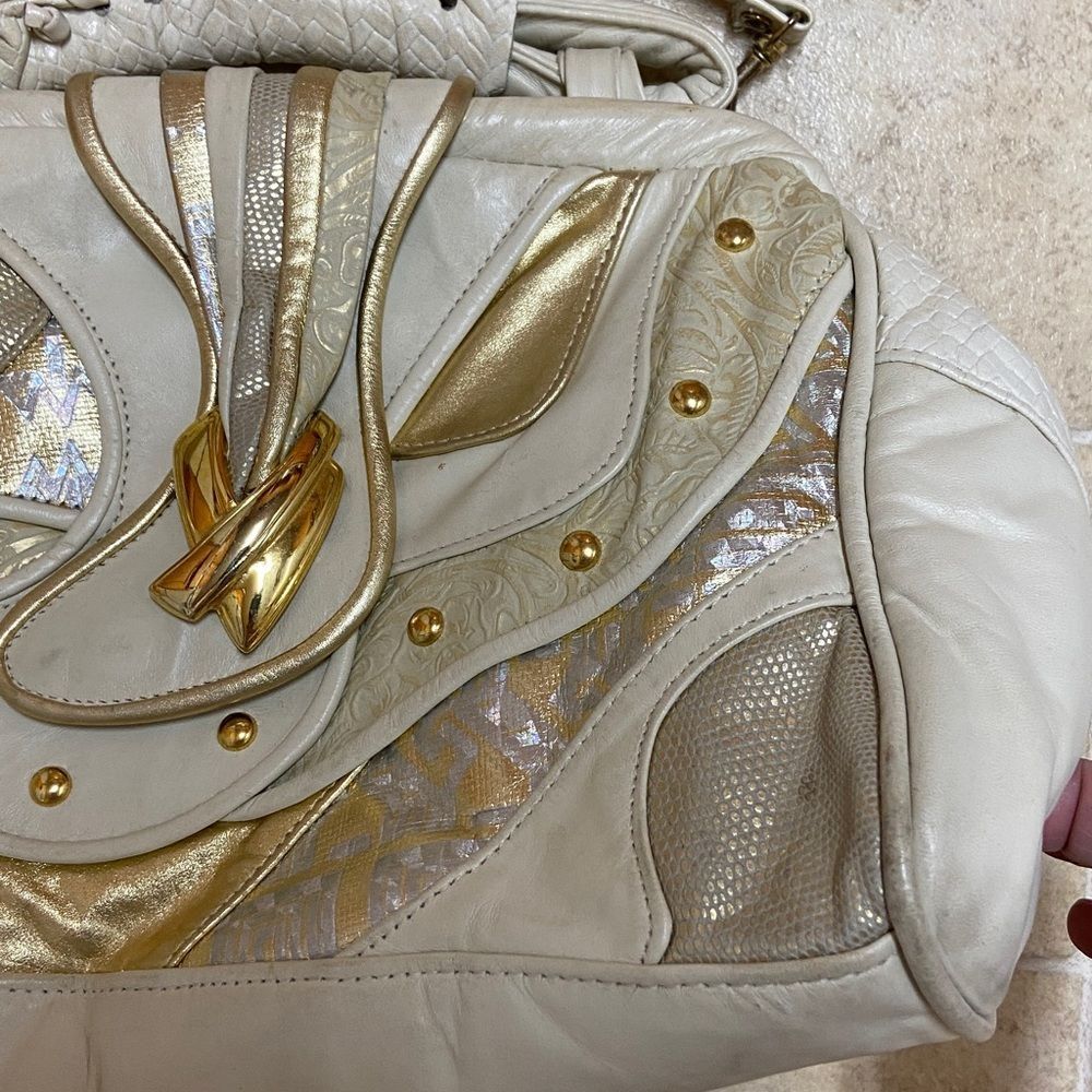 VTG,BAGS BY PINKY GENUINE LEADER MADE IN USA Elegant Cream and Gold Women's Bag - Picture 7 of 16
